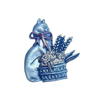 Kenneth Cole Vintage KC Cat Brooch Pin With Basket and Bow Cute Kitty Jewelry